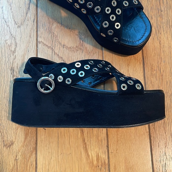 PRADA PLATFORMS Black Suede Silver Eyelet Hardware Open Toe Strap On EU 40 US 9 - Picture 3 of 10